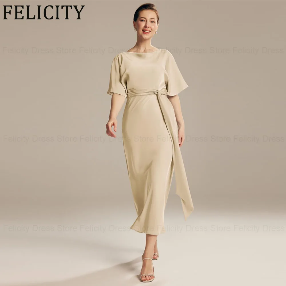 

Simple Satin Mother of the Bride Dresses 2024 Sheath O-Neck Elegant Wedding Guest Dresses Pleated Tea-Length Party Evening Gowns