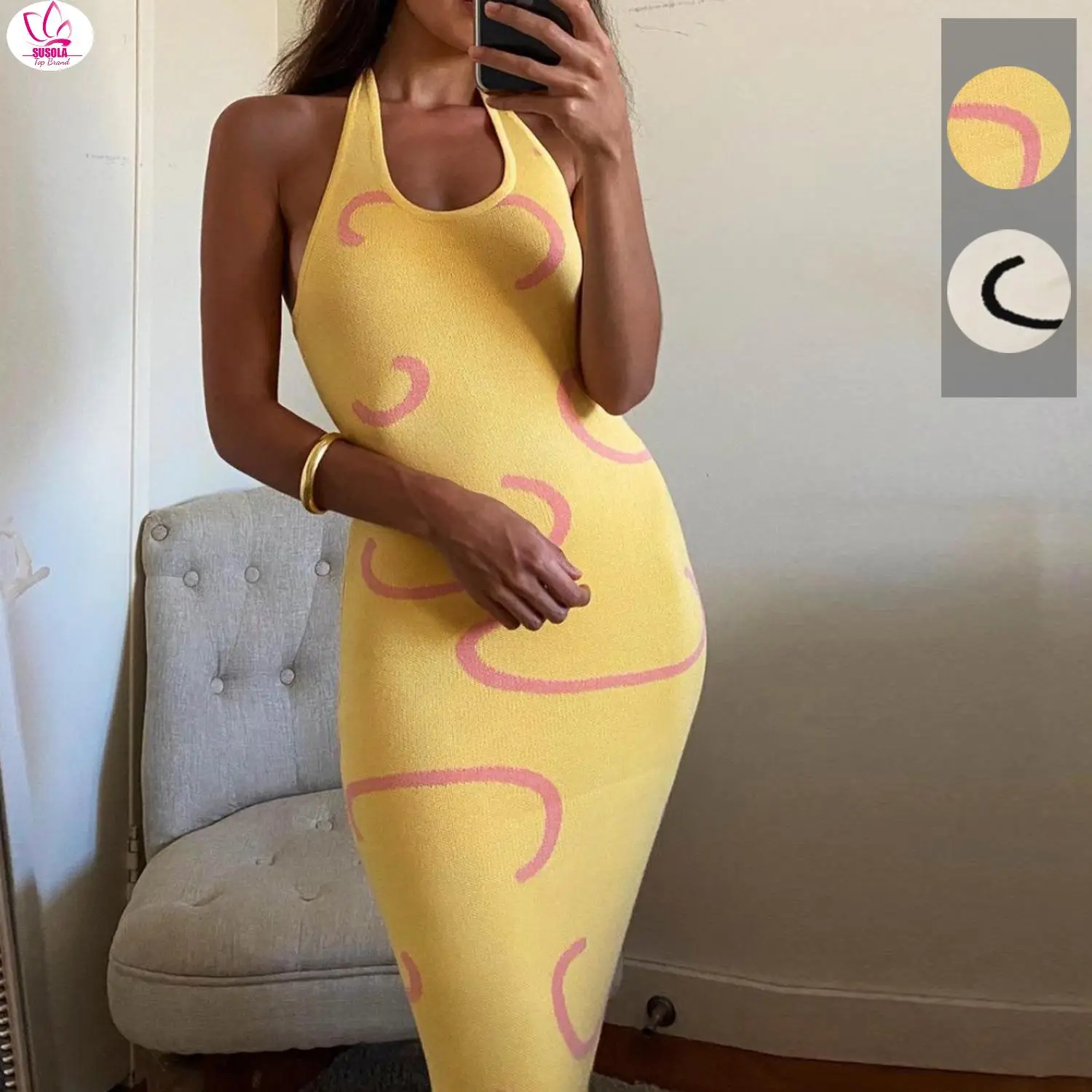 SUSOLA Sexy Knitted Bodycon Midi Dress Women Halter Neck Summer Yellow Sleeveless Dress Backless Party Beach Casual Sundress