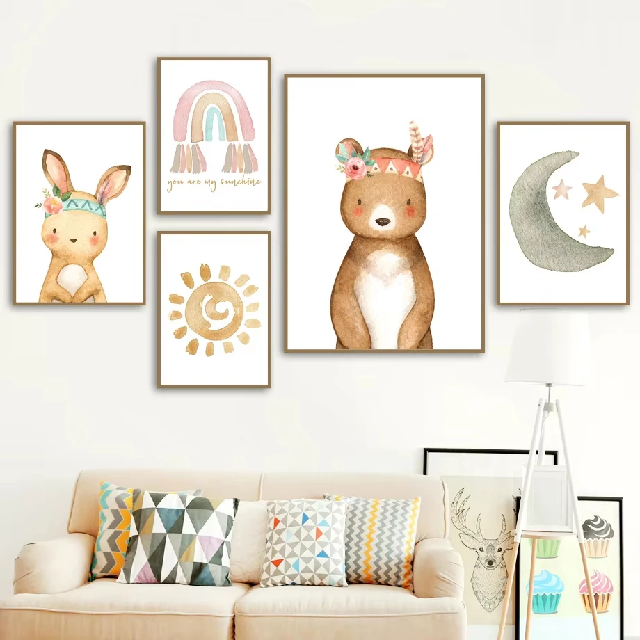 Bear Rabbit Moon Sun Rainbow Cloud Kindergarten Wall Art Printing Oil Painting Animal Poster Nordic Children's Room Decoration