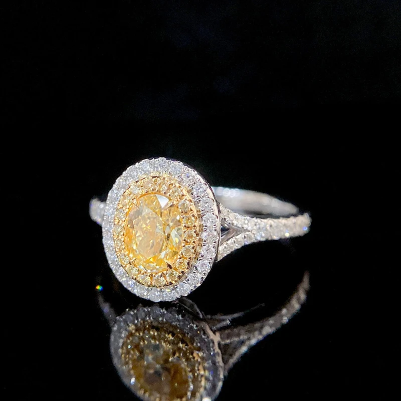 KUGG 100% 18K White Gold Rings Luxury Oval Shape Real Natural Yellow Diamond Engagement Ring for Women High Party Jewelry
