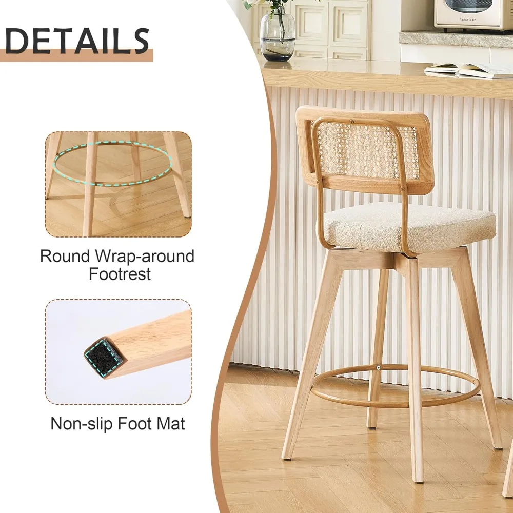 Conjunto de 2 bancos de bar giratórios de vime natural de 26 polegadas, cadeiras estofadas sem braços de madeira maciça com pernas de madeira para balcão