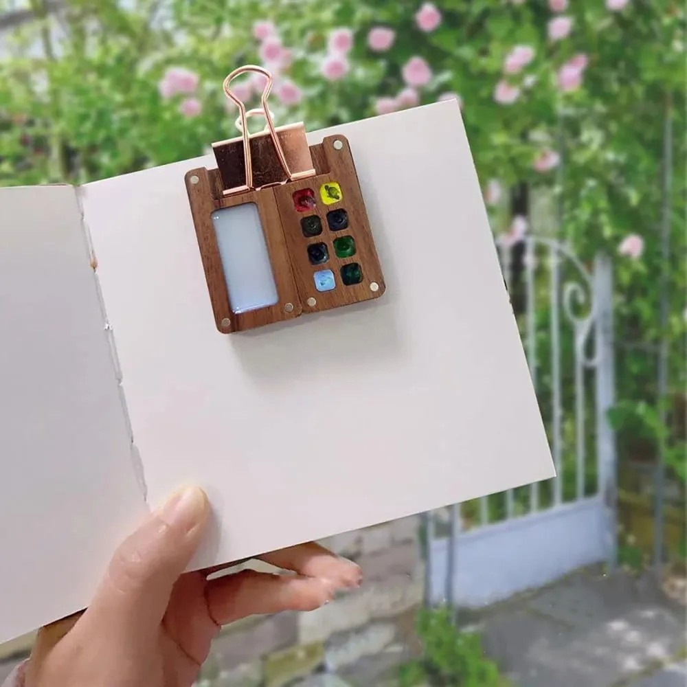 Empty Box Mini Watercolor Paint Palette Wooden Black Walnut Wooden Paint Empty Box 8 Grid Portable
