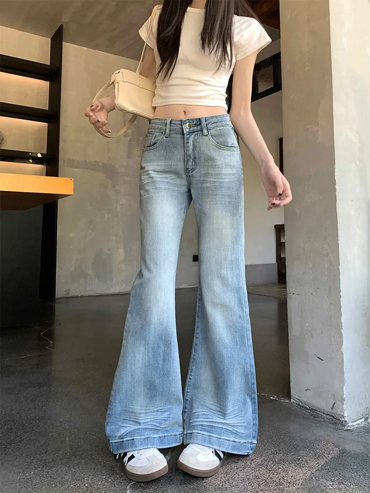 Jean évasé bleu clair pour femme, pantalon évasé pour jeune fille, bas tendance Y2K, pantalon de survêtement taille haute années 90, pantalon large pour femme