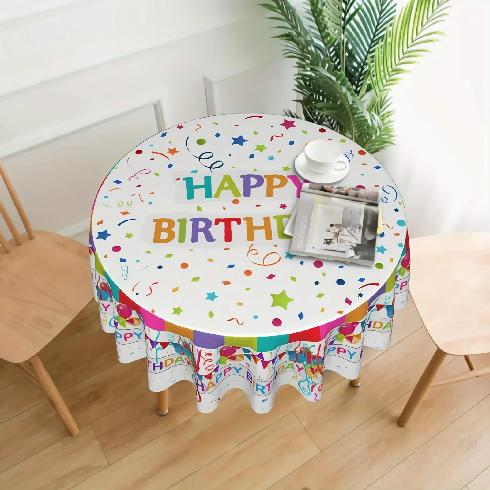 1PC, Polyester Table Cover, Happy Birthday Round Tablecloth, Vibrant Colored Balloons Small Flags Stars Colorful Decorative Tabl