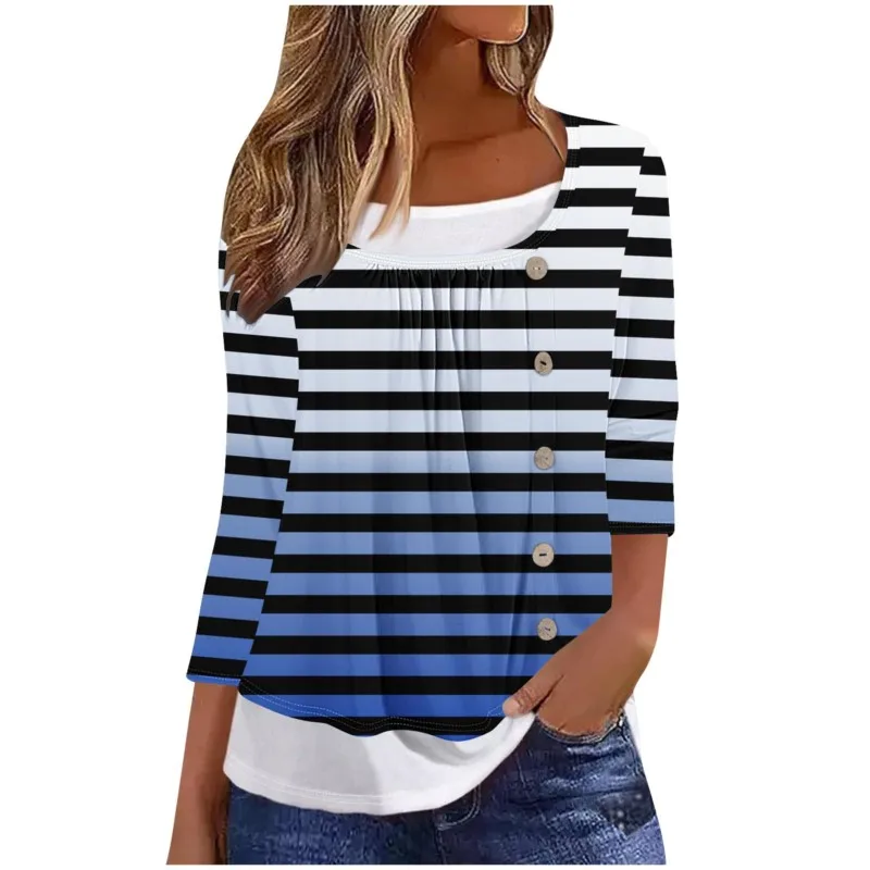 Spring Summer Ladies Tee Shirt Striped Print Square Collar Buttons Three Quarter Sleeves Pleated Casual Loose Top Women Pullover