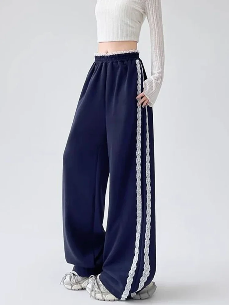 Korean Lace Striped Sweatpants Women Streetwear Loose Y2K Vintage Wide Leg Pants High Waist Casual Patchwork Bf Lace Up Trousers