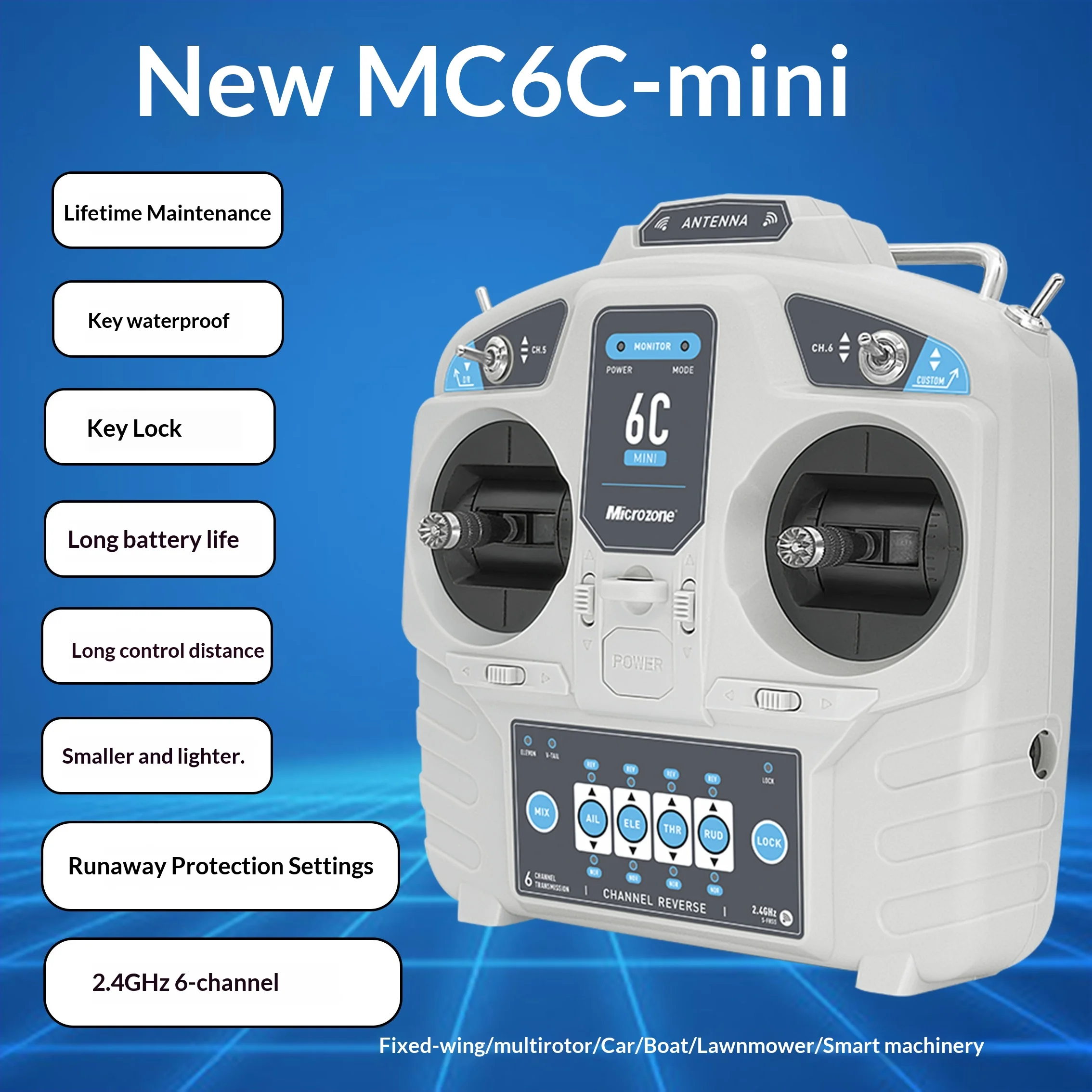 MC6C มินิ 6 ช่องสัญญาณ รีโมทคอนโทรลและตัวรับสัญญาณ - ใช้ได้กับเครื่องบิน เรือ รถยนต์ ระบบควบคุมระยะไกล 4-6 ช่อง