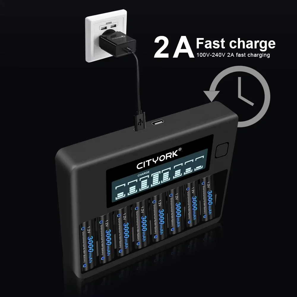 CITYORK 1.2V AA and AAA Rechargeable NIMH battery+  8 Slots LCD USB Battery Charger For 1.2V AA AAA NI-MH Rechargeable Battery