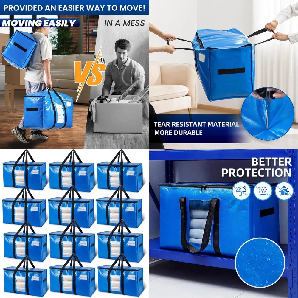 

Набор из 12 синих сверхпрочных больших сумок для переезда и хранения с прозрачным окном и ручками для переноски