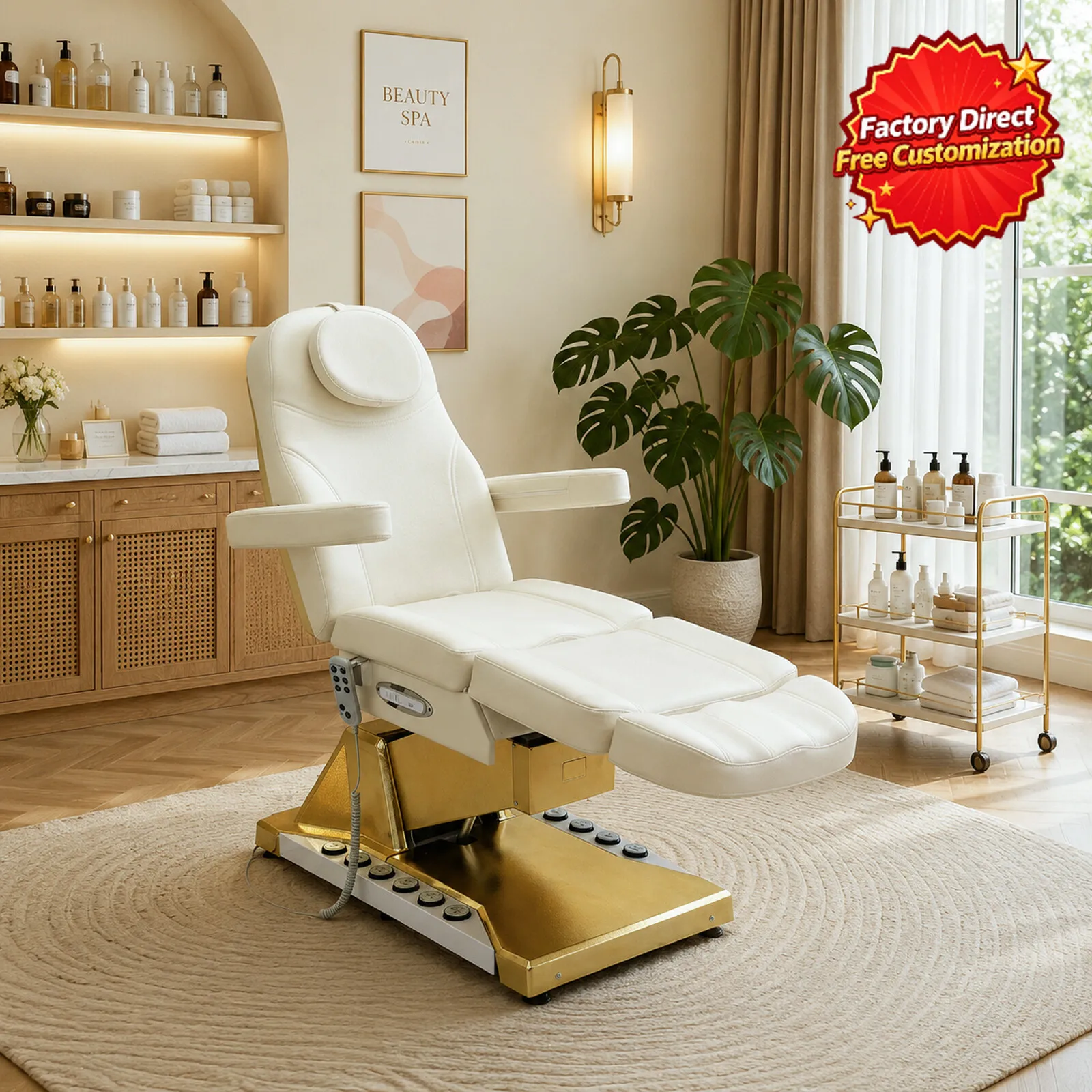 Electric Beauty Bed Gold Base Height Adjustable Spa Facial Chair Multi‑Angle Recline Tattoo Massage Chair for Salon Clinic