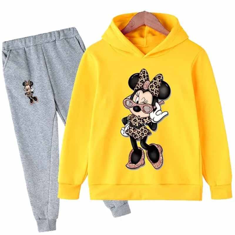 2024 Disney Minnie Mouse Casual Kids Clothes 2 Piece Hoodies Set Clothing Cool Girls Clothing Boys Tracksuit Children Clothes