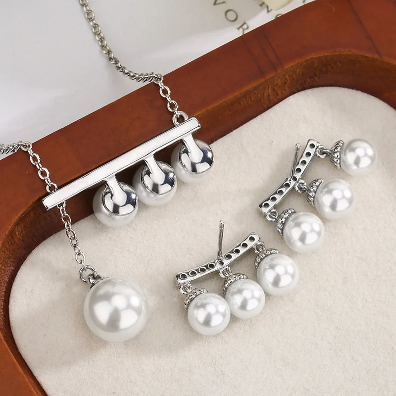 

Elegant White Pearl Jewelry Geometric Necklace with CZ Dangle Pearl Matching Three Pearl Earrings Bridal Wedding Party Accessory