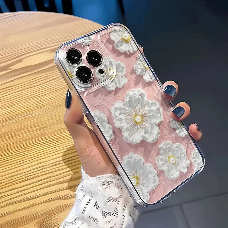 ins  Pink Oil Painting White Flowers  phone case For iPhone 16PRO 15 14 131211ProXRXS Max78 Plus Y2K Anti fall Case back Cover