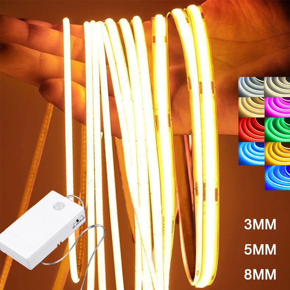 5V Motion Sensor COB LED Strip Light 3mm 5mm 8mm PCB Battery Powered Blue Warm White 320LED/M Tape Cabinet Bedroom Flex Lighting