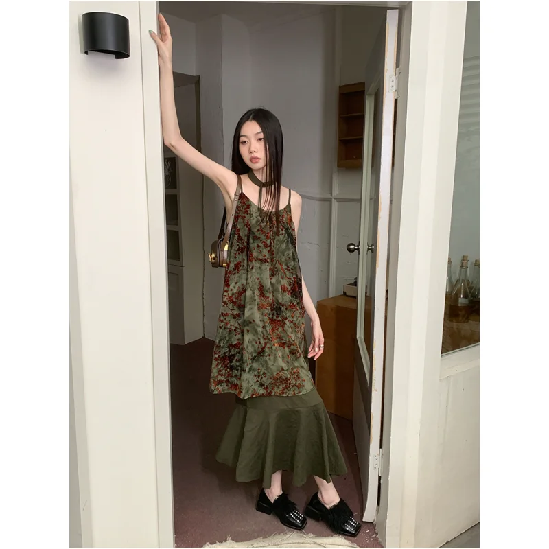 Green Elegant Party Dresses Sling Women's Clothing Dress Sexy Printing Irregular Korean Fashion Retro Summer Long Ball Dress