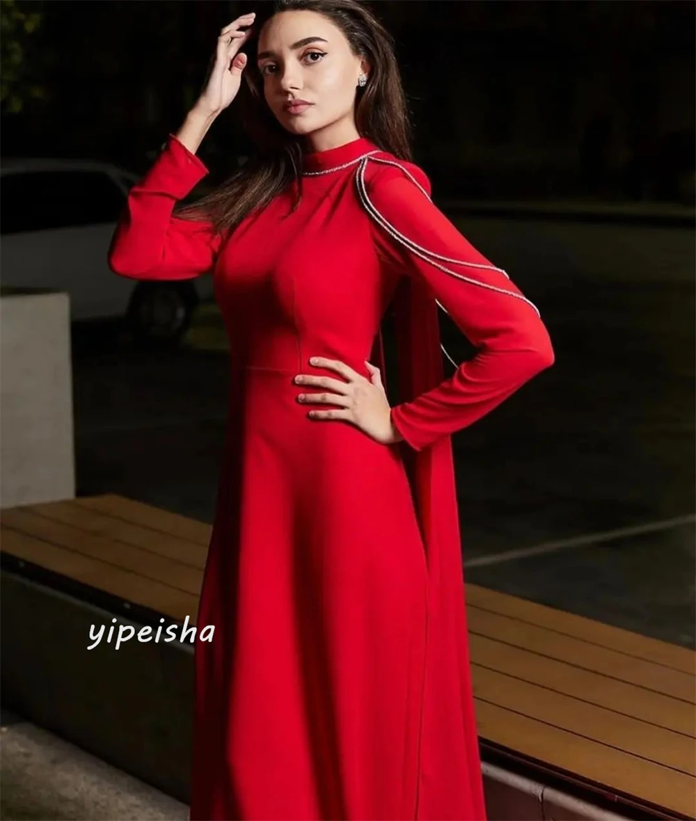 Customized Evening  Sexy Casual  Jersey Beading Ruched Christmas A-line High Collar Bespoke Occasion Gown Long Dresses