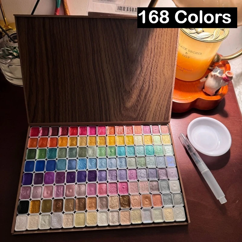 

168/84 цветов жемчужный однотонный набор акварельных красок с деревянной коробкой портативный акварельный живопись канцелярские принадлежности школьные художественные принадлежности