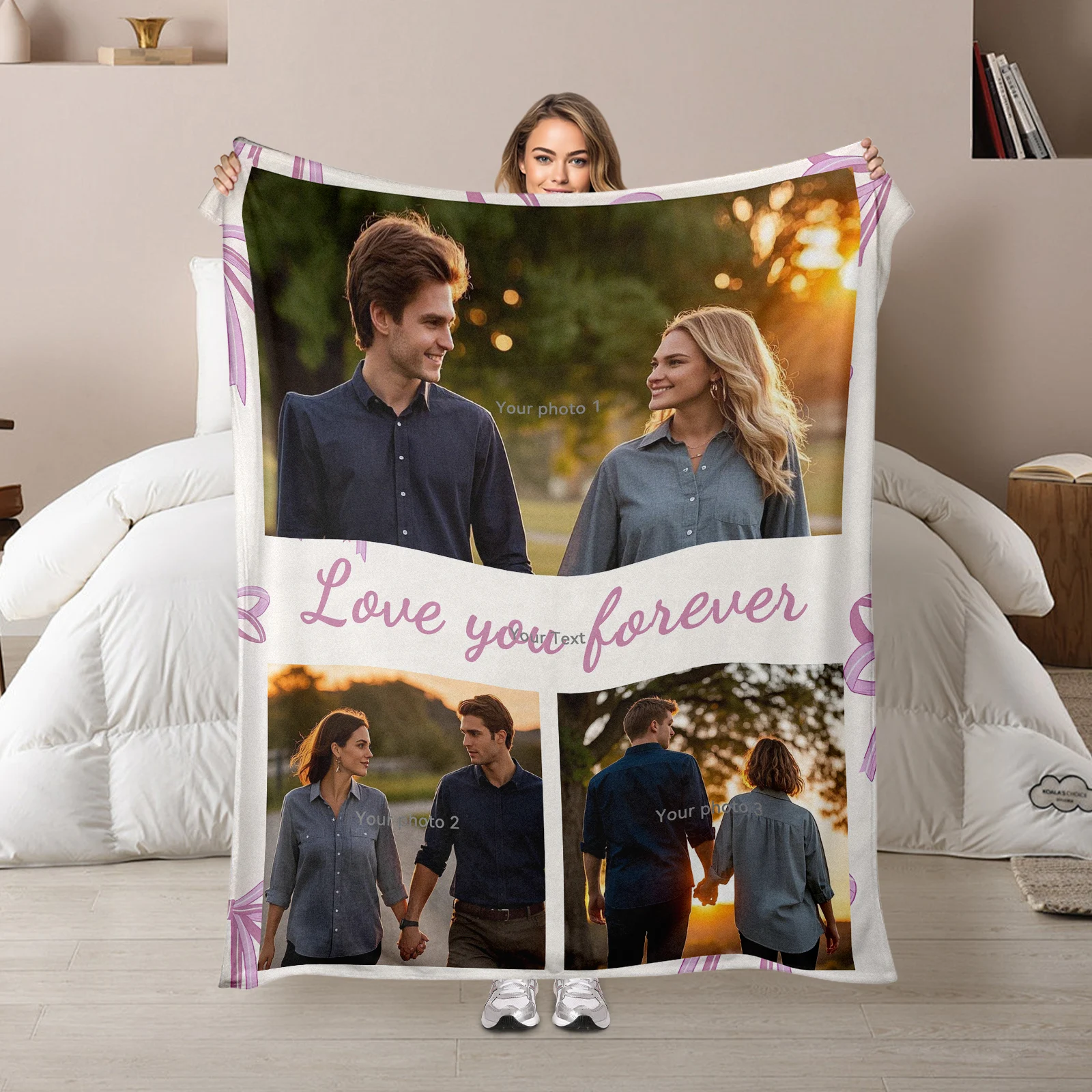 Easter Flannel Blanket. Customized with 3 Pictures and 1 Set Phrase for Couples to Celebrate Valentine's Day with Love.