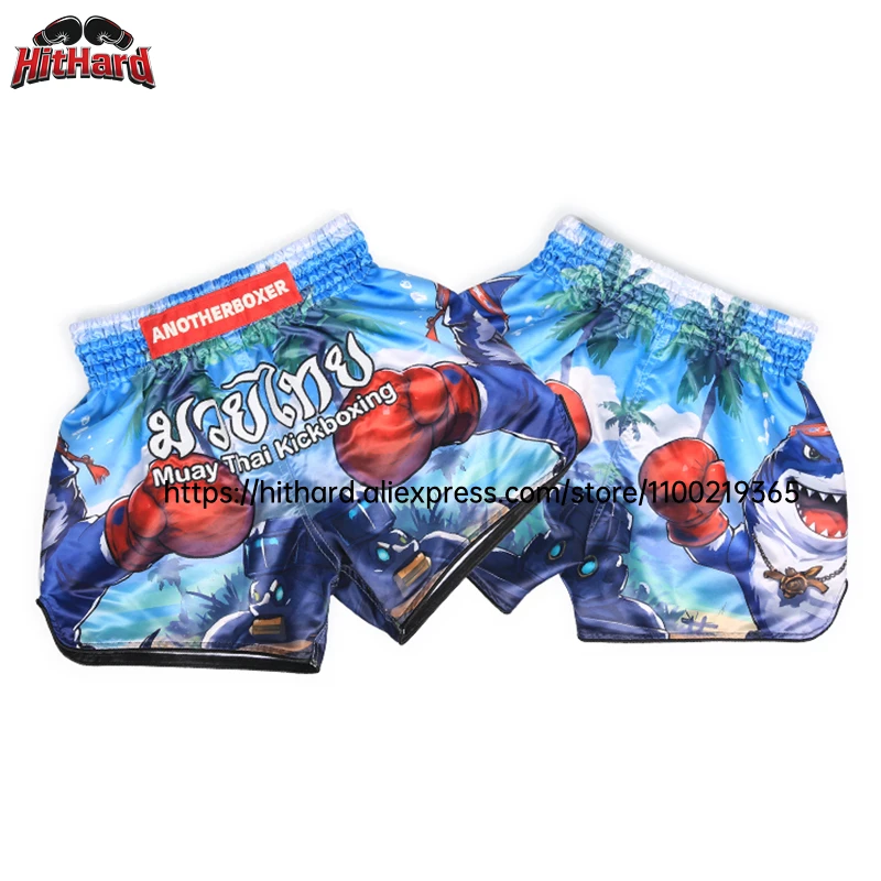 Youth Satin Muay Thai Kickboxing Shorts Retro Shark Print Loose Fit Children Martial Arts Training Shorts MMA Fight Boxing Pants