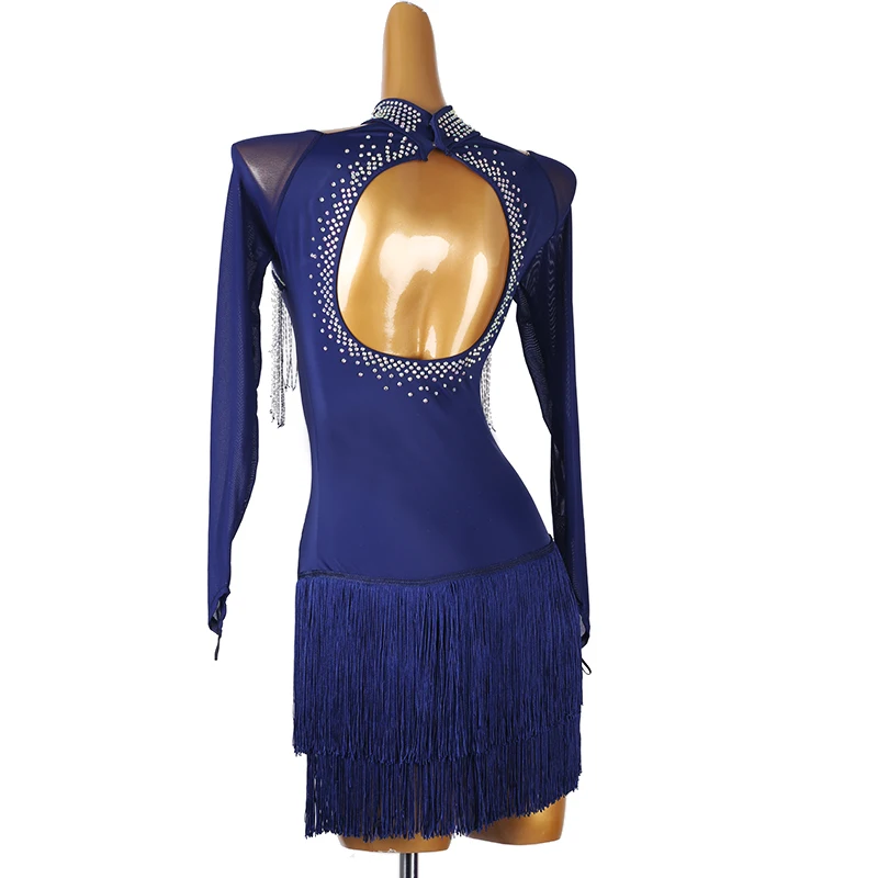 Nieuwe Latin dans franje jurken op maat sexy backless lange mouwen jurken tango chacha samba professionele prestaties kostuums