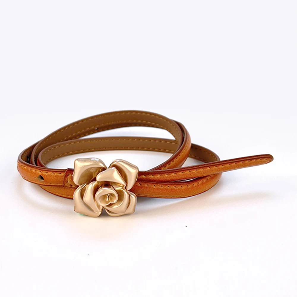 

markii 1.0cm New Unique Rose Genuine Leather Gold Belt Women Fashion Cowskin Flower Thin Belts Female Jeans Dress Waistband