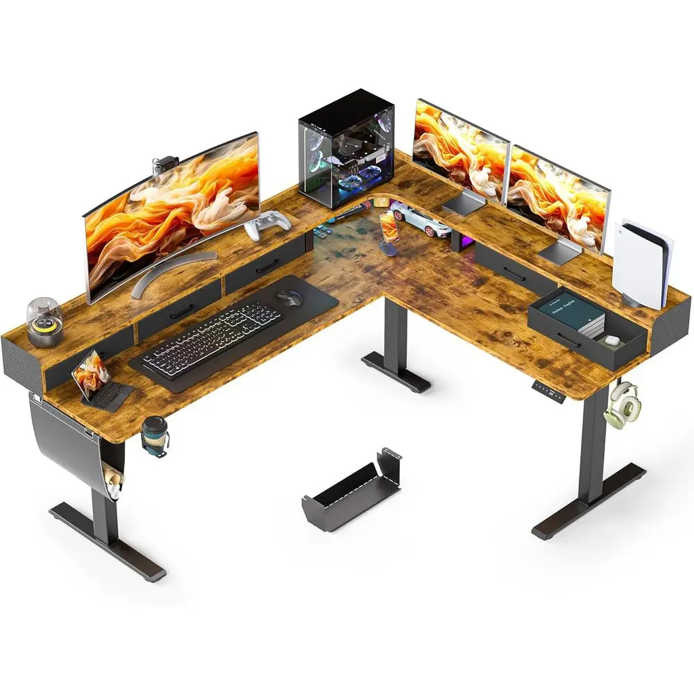

Ergonomic 75 L-Shaped Adjustable Standing Desk with 5 Drawers and Monitor Shelf, Rustic Brown