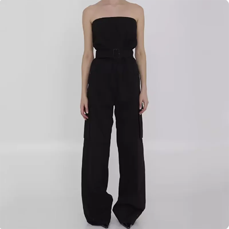 Women's Sexy Backless Cotton Jumpsuit, Sleeveless Jumpsuit, Straight Leg Pants, Y2K High Quality Trousers, Belt Decoration.