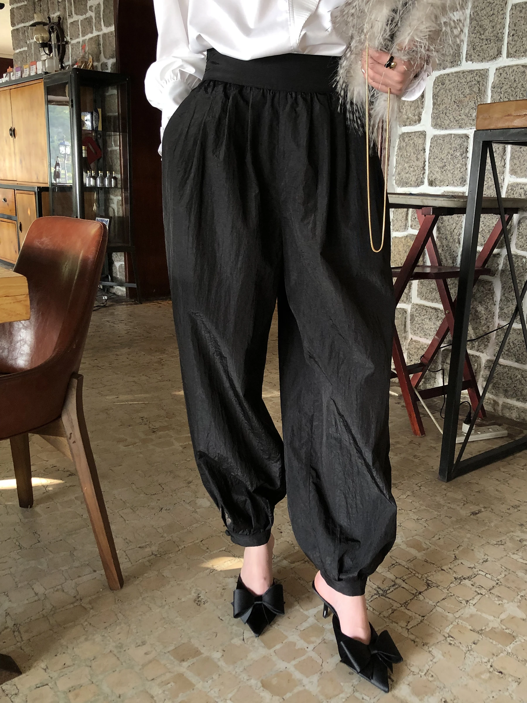 

Gakee Official Black Loose Casual Pants Women's Spring New Matte Texture Cuffed Leisure Trousers Breathable Nylon Fabric