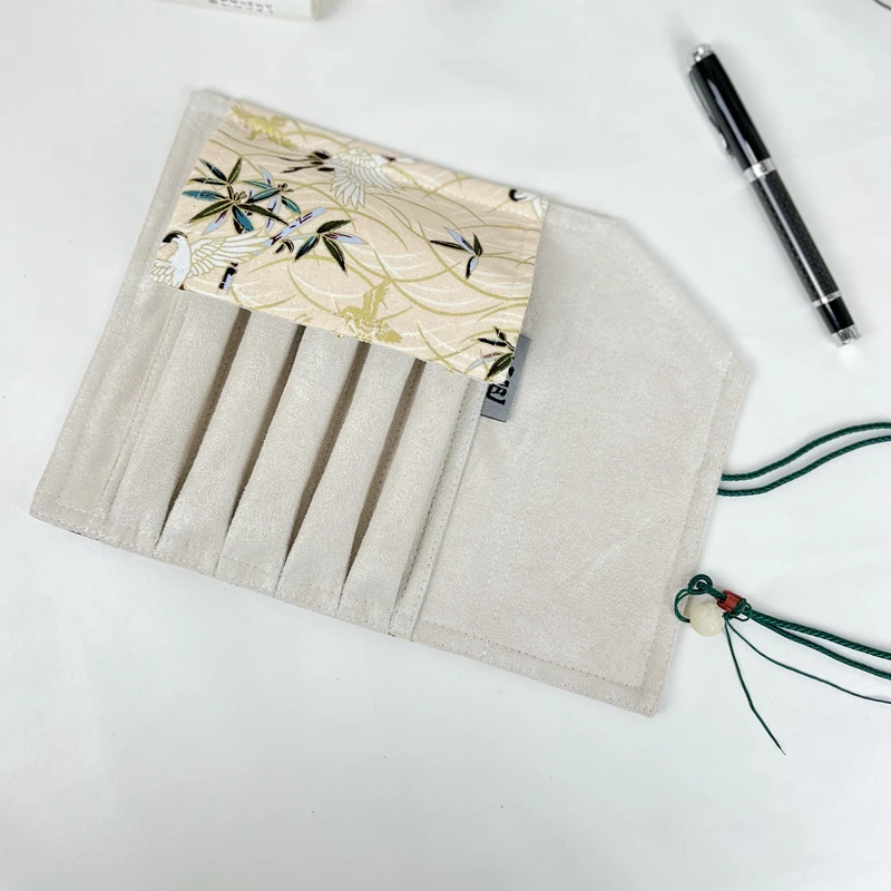 Retro Chinese Style Pen Curtain Handmade Homemade Pen Bag Large Capacity Pen Bag 5+1 Pack Yellow Cloud Crane Roll Pencil Case