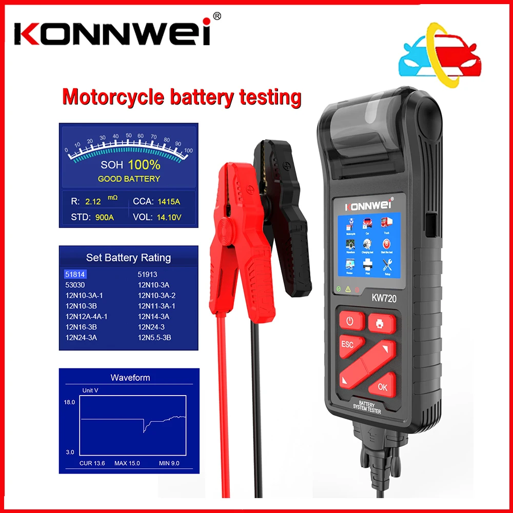 KONNWEI KW720 Car Battery Tester 6V/12V/24V Motorcycle Car Truck Battery Tester With Builtin Printer Charging Cranking Test Tool