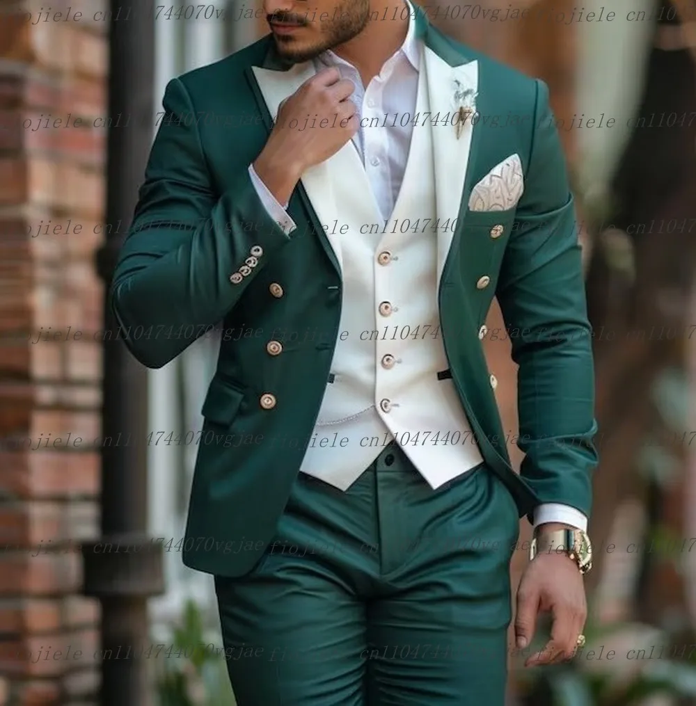 

Зеленый и белый мужской костюм, официальная свадебная вечеринка, жених, жених, деловые мужские смокинги, индивидуальный комплект из трех предметов, куртка, жилет, брюки