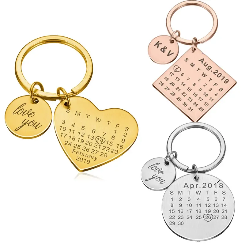 Personalized Stainless Steel Engraved Calendar Date Keychain Custom Keyring Gift For Wedding Anniversary Gift