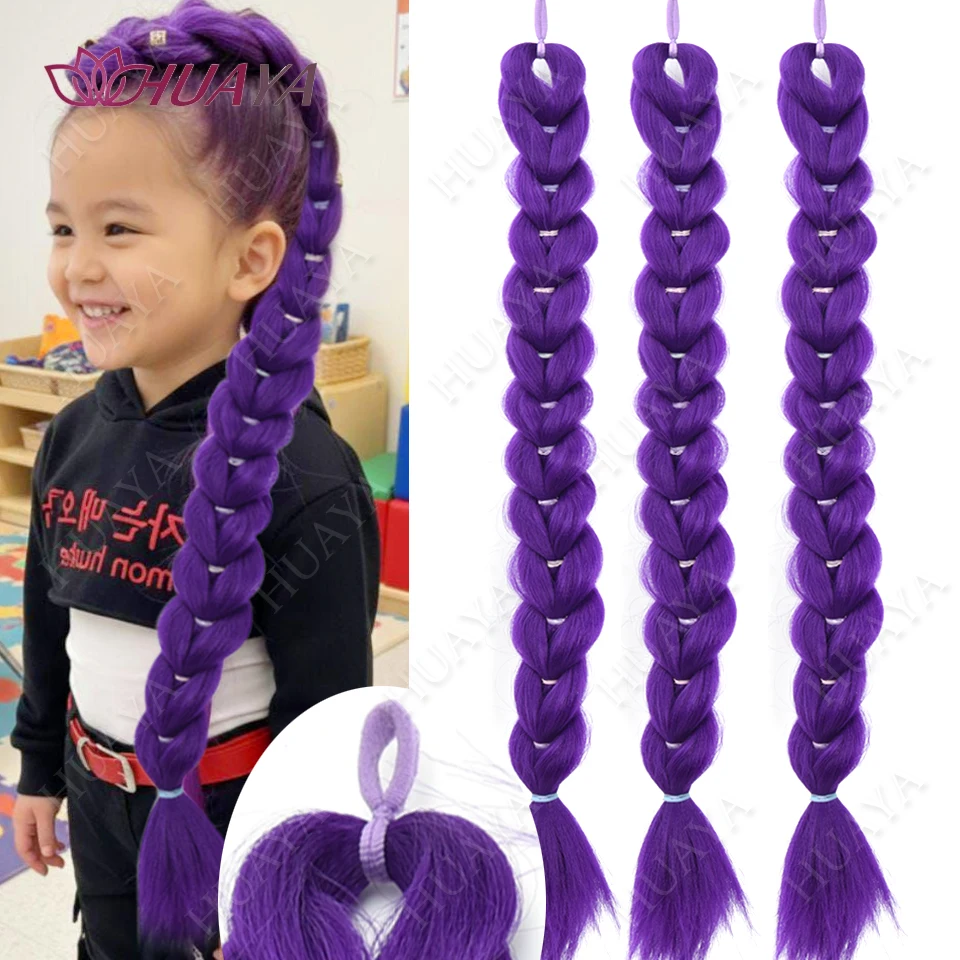 Synthetic Purple Braided Hair Ponytail Rumi Costume Hairstyle Long Ponytail with Rubber band and Clips for Kids Girls Christmas
