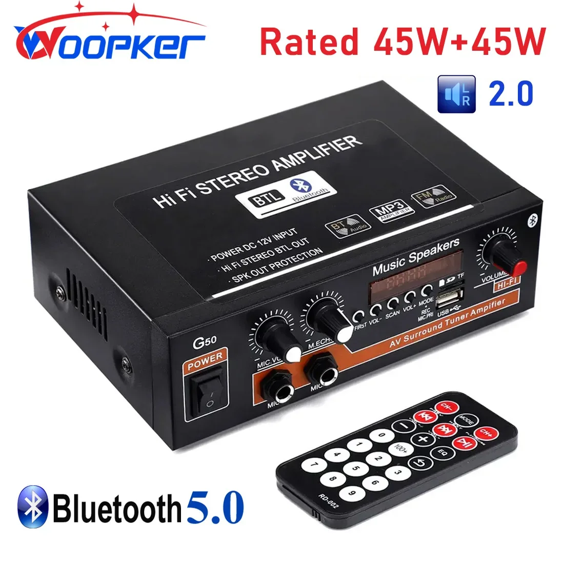 

Woopker Audio Amplifier G50 Channel 2.0 BT5.0 Power Amplifier Support USB SD RCA Microphone Input Recording for Family Car Party