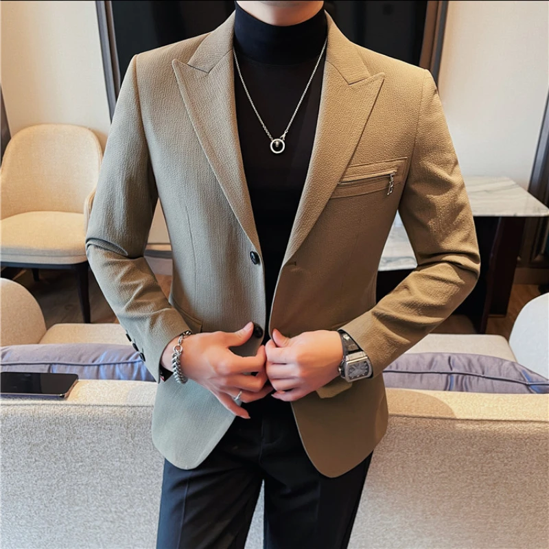 Luxury Business Blazers Men\'s Zipper Design Slim Fit Casual Office Social Suit Blazer Banquet Party Wedding Groom Dress Coat