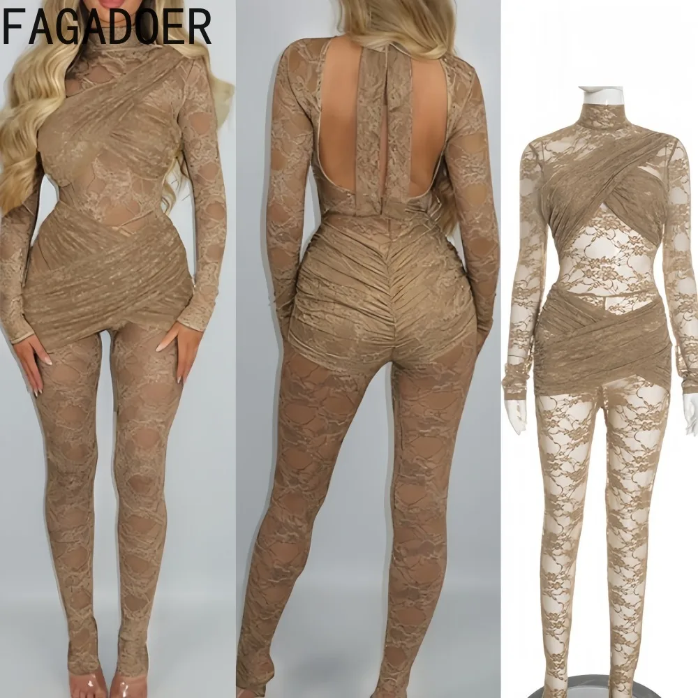 

FAGADOER Sexy Lace Patchwork Bodycon Jumpsuits Women Solid Color Long Sleeved See Through Rompers Female Streetwear Overalls New