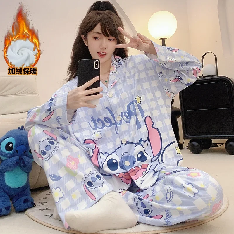 Disney Stitch Winter Pajamas Women's Warm Anime Printed Cartoon Cute Long Sleeve Outside Loungewear Suit