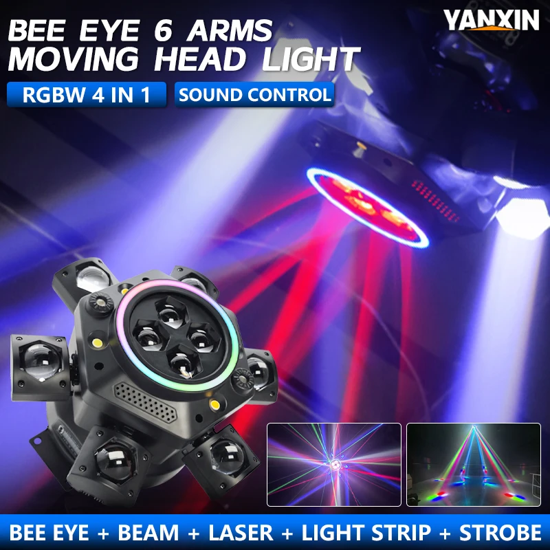 Disco Light for Party RGBW LED 150W Moving Head 6 Arms Bee Eye Laser Beam Wash Zoom Strobe Effect DMX512 Disco Wedding KTV Bar
