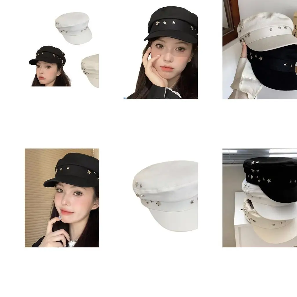 

39BB Trendy Star Rivet Hat Men Women Newsboys Cap Spring Summer Sunproof Military Hat Duckbill Flat Cap for Summer