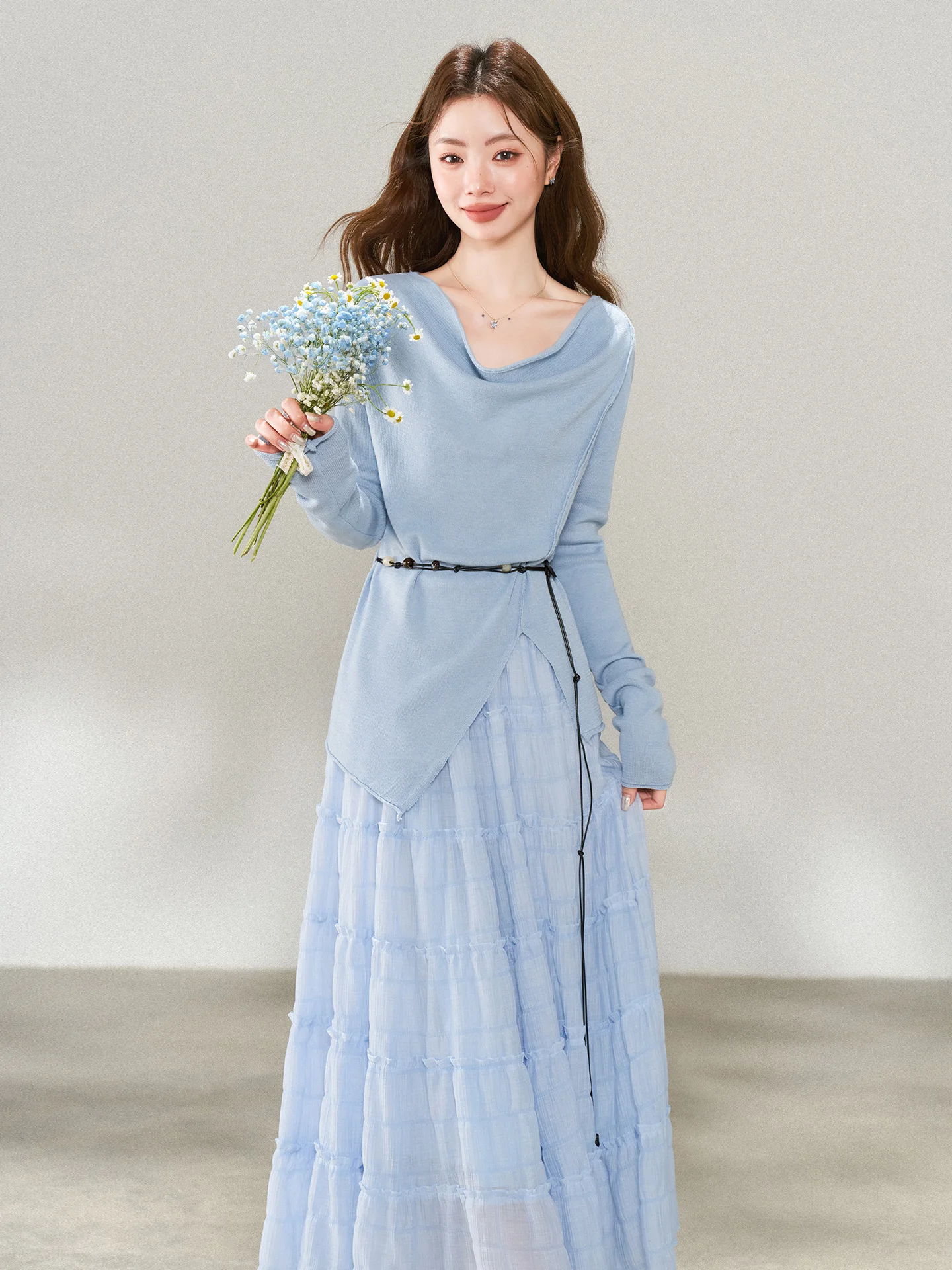 

Корейский стильный женский комплект для ранней весны: тонкая вязаная кофта с асимметричным воротником, длинными рукавами, эластичная, стандартного кроя, модный топ