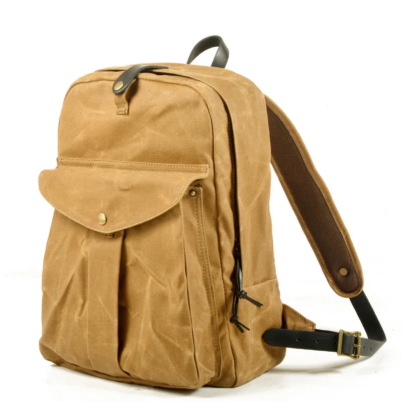 Retro double-shoulder bag, outdoor large-capacity travel backpack, water-resistant oil-wax canvas stitched leather hiking bag