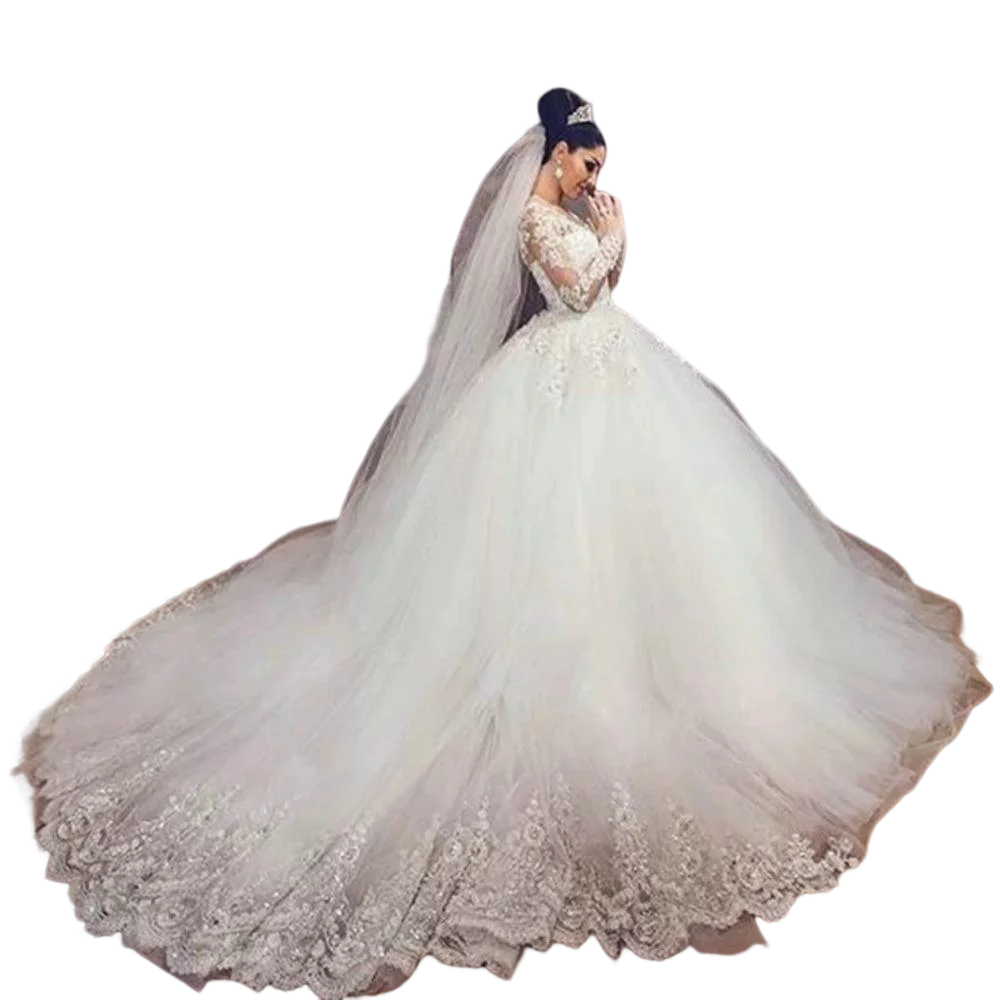 Erstaunliche Spitze Appiques Luxus Hochzeit Kleid 2023 Kapelle Zug Lange Ärmeln Robe De Mariée Brautkleider