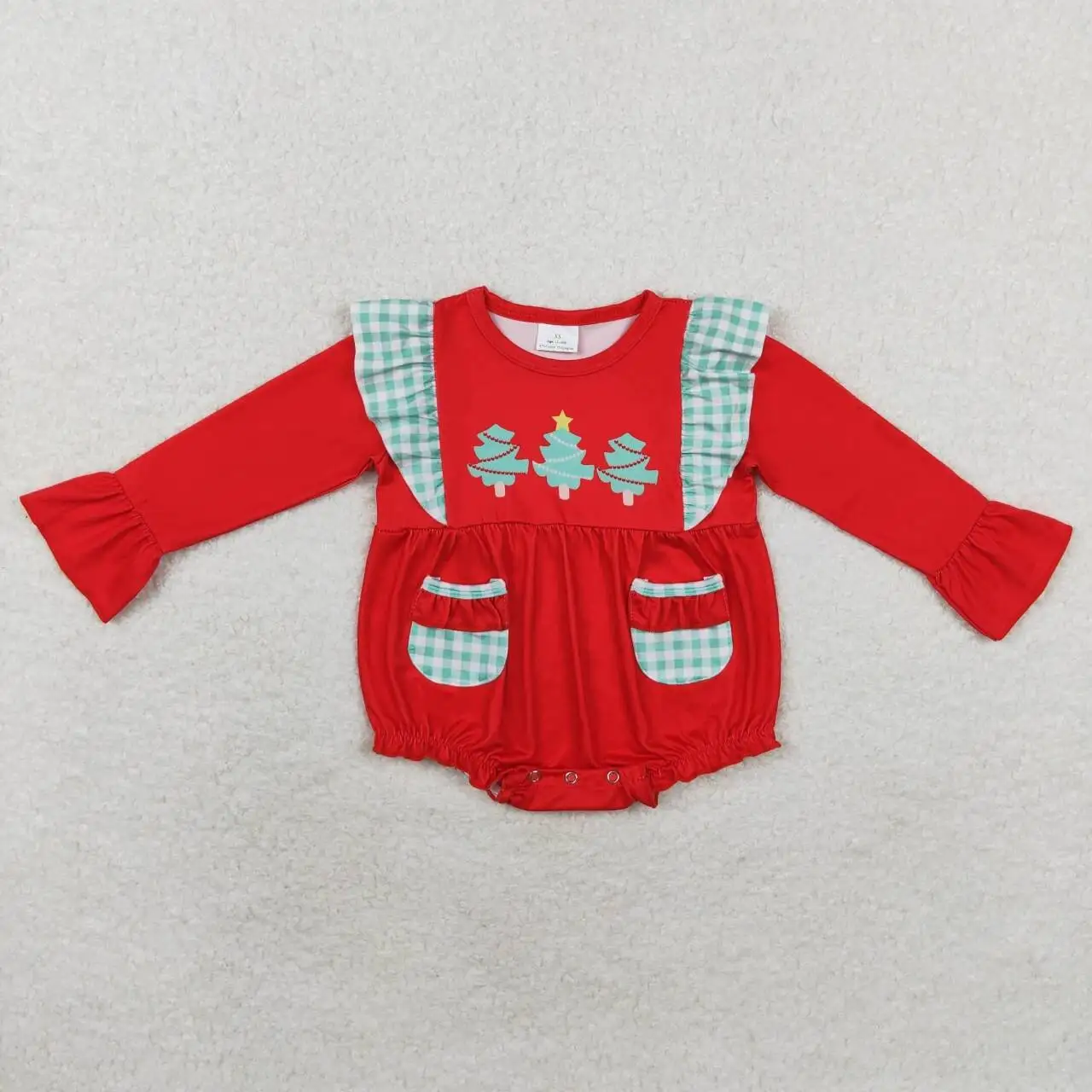 LR1161 Good Quality  Baby Girl Clothes Long Sleeves Top Christmas Tree Green Plaid Pocket  Print With Jumpsuit  Children Clothes