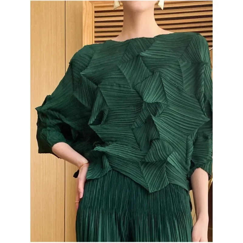 ALSEY Elegant Diamond Pleated T-shirt Women 2024 Summer Fashion Three Quarter Sleeve O-neck Pullover Female Loose Clothing