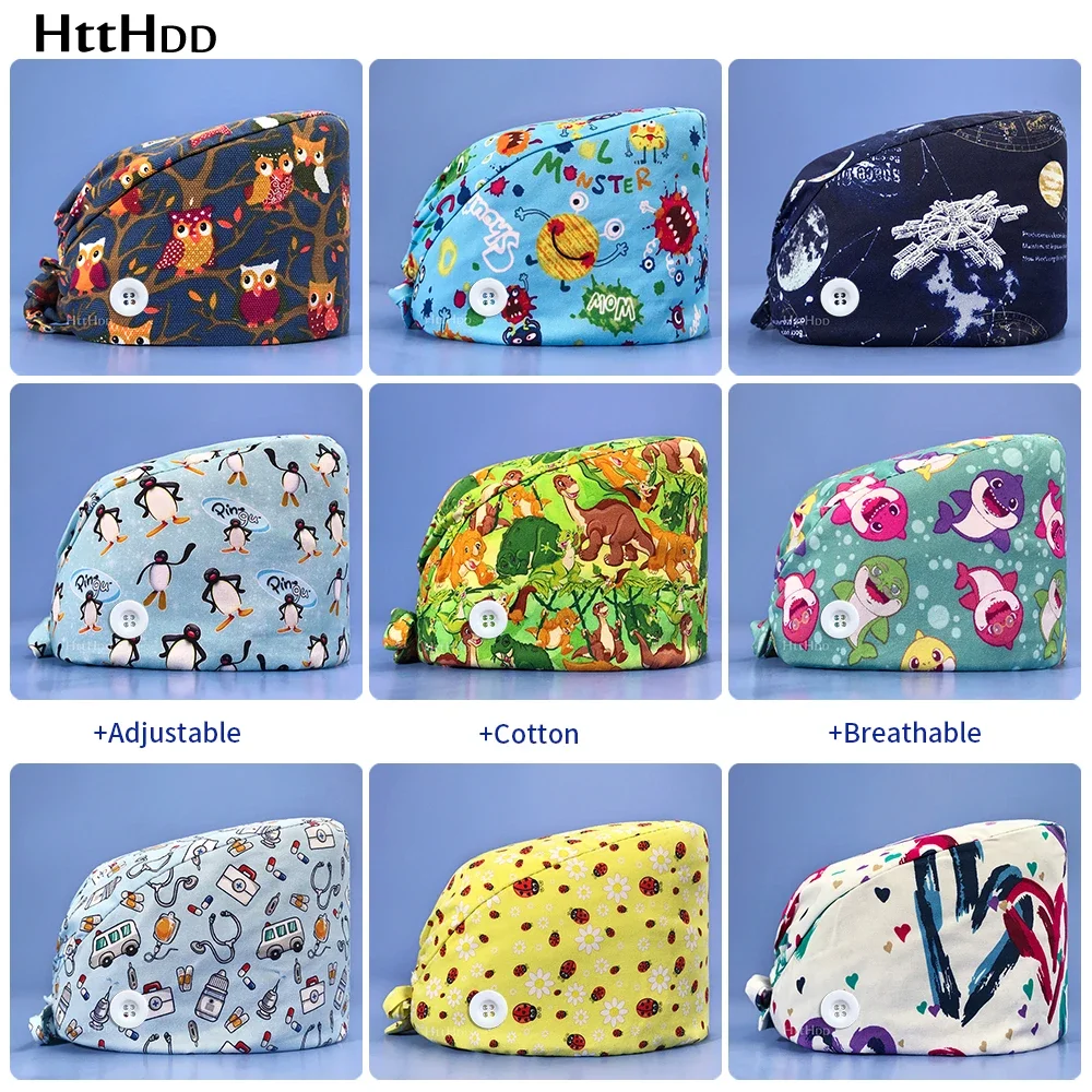 New Unisex nurse hat cotton scrubs caps buttons Floral printing adjustable Scrubs caps accessories beauty salon work caps-s