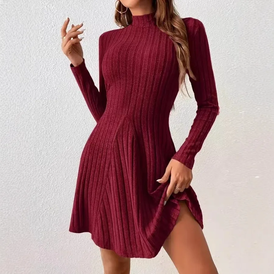 

【New style】Autumn and winter new women's slim body half-high collar waist A-shaped skirt long sleeve fashion dress