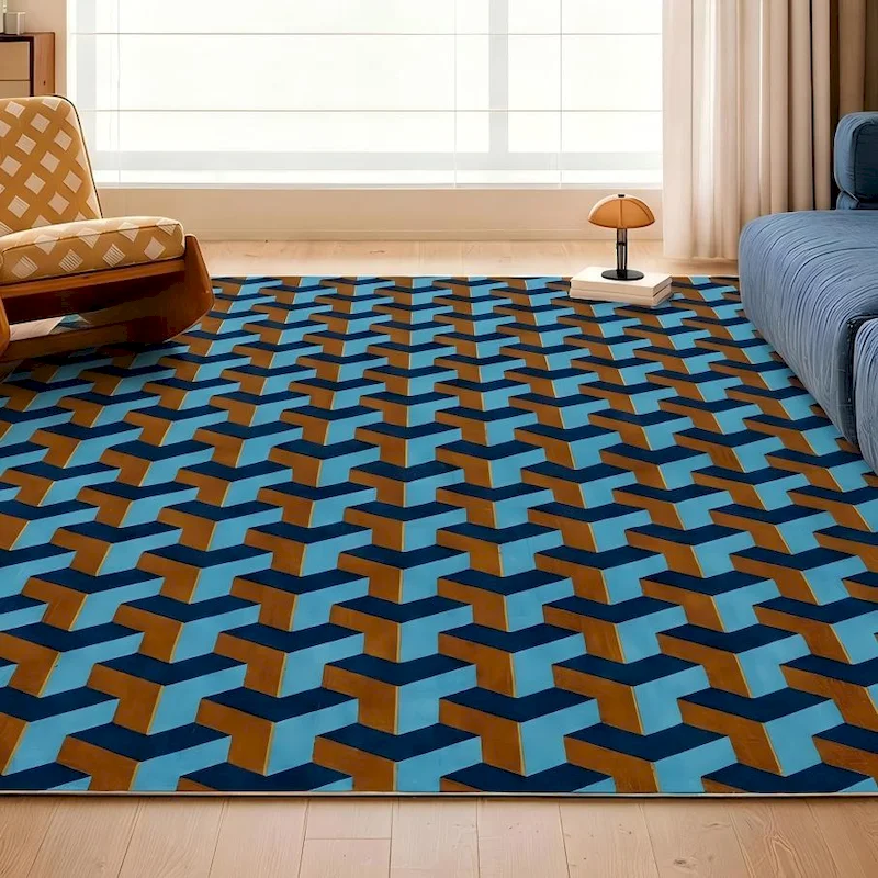 VIKAMA Optical Illusion Large Area Carpet Modern Geometric Grid Carpet Anti Slip Living Room Bedroom Anti Slip Home Decoration