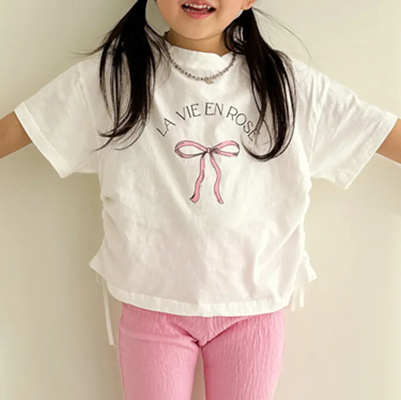 

2026 Summer New Girls Casual T Shirts Children Short Sleeve Tops Baby Girl Bow T Shirts Loose Infant Cotton Tee Toddler Clothes