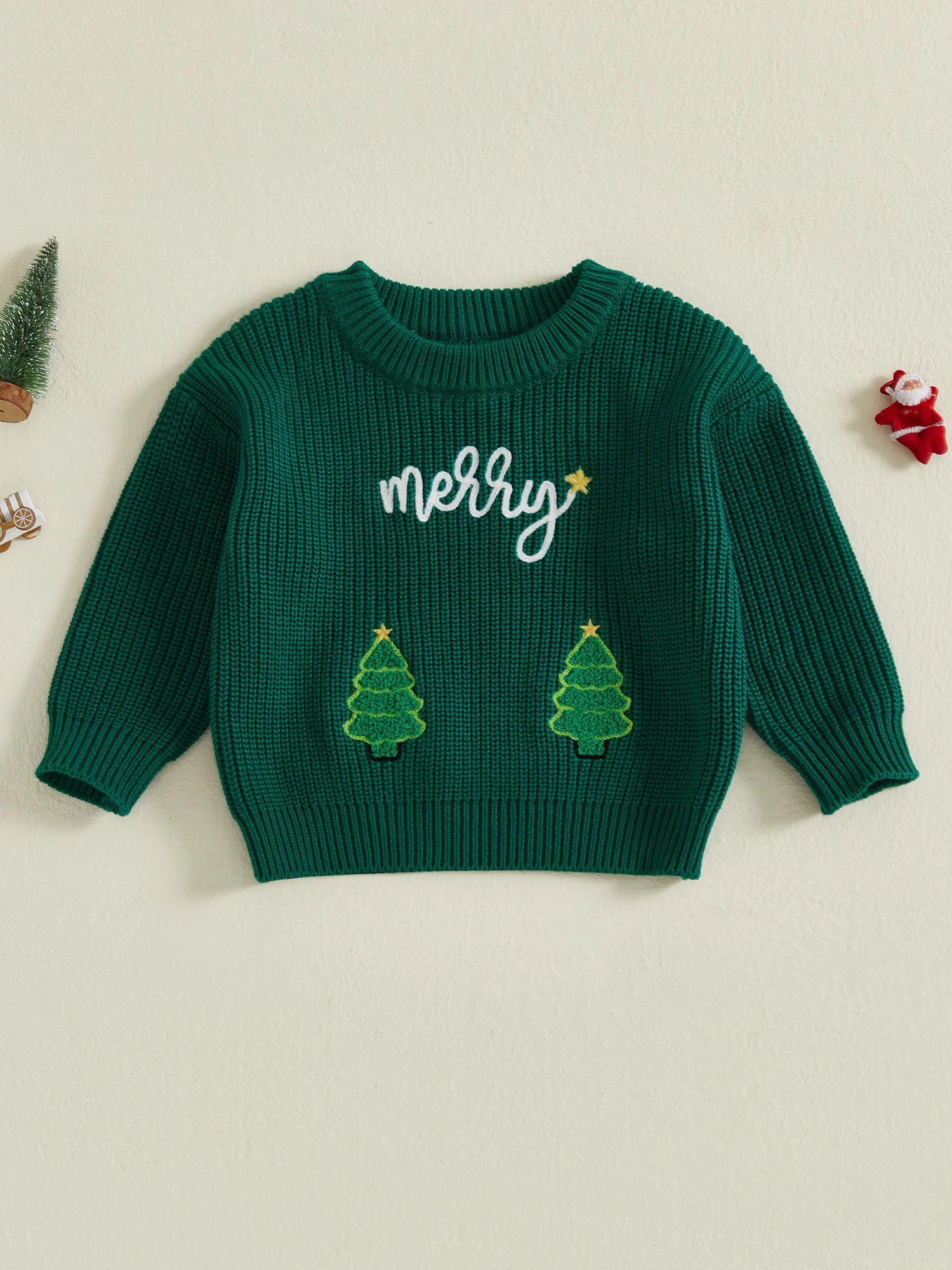 

Cute Infant Holiday Pullovers with Festive Tree Design and Embroidered Lettering Long Sleeve Round Neck Baby Sweatshirts for