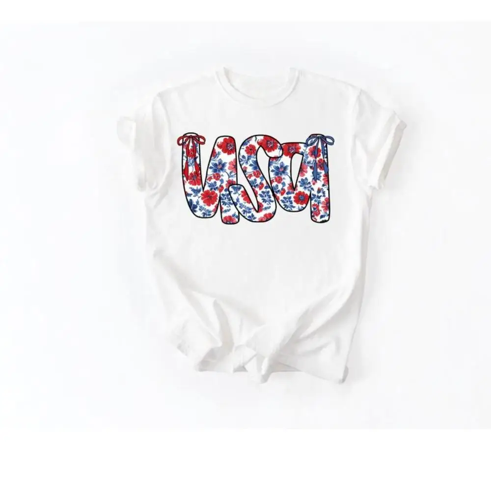 

Women's Patriotic USA T-Shirt | Floral Flag Print Graphic Tee | 4th of July American Pride Gift Top